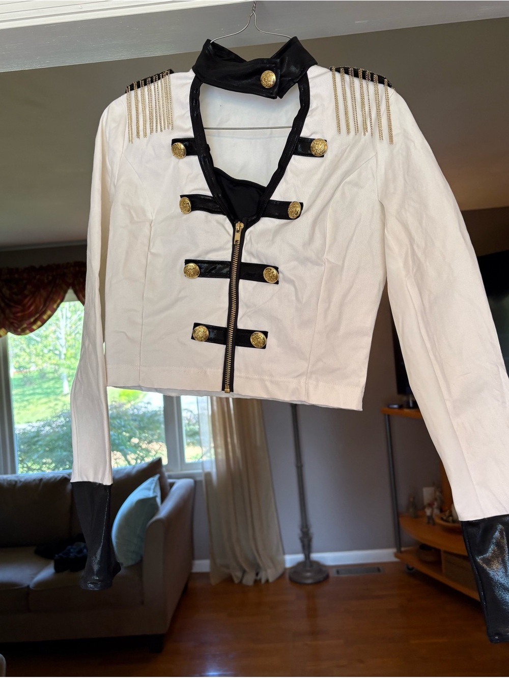 Weissman White Cropped Military-Style Jacket with Black Trim & Gold Buttons - AS